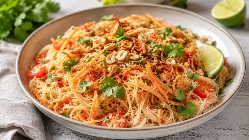 Salade de vermicelles de riz à la sauce cacahuète, avec carottes râpées, tomates cerises, coriandre, cacahuètes et oignons frits.