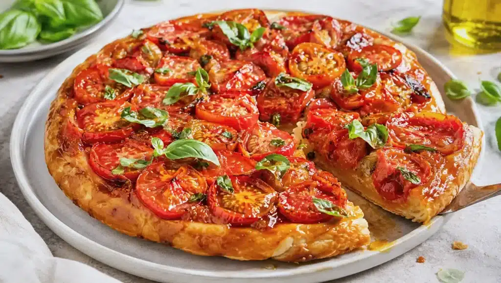 Découvrez la tarte tatin de tomates, une recette d’été gourmande et facile, avec moutarde à l’ancienne, fromage râpé et basilic frais.