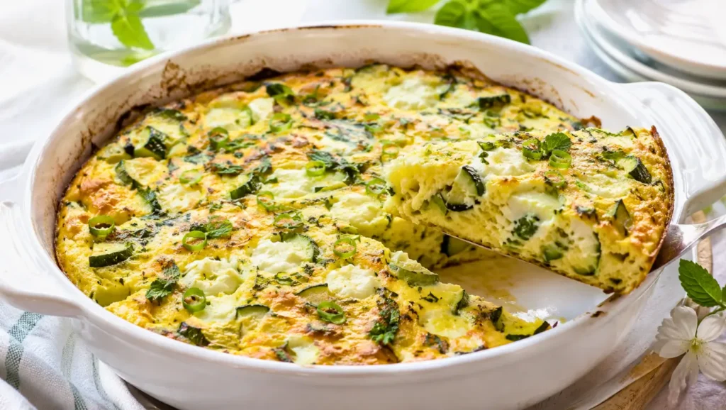 Frittata aux courgettes rôties, menthe et mozzarella cuite au four dans un plat blanc