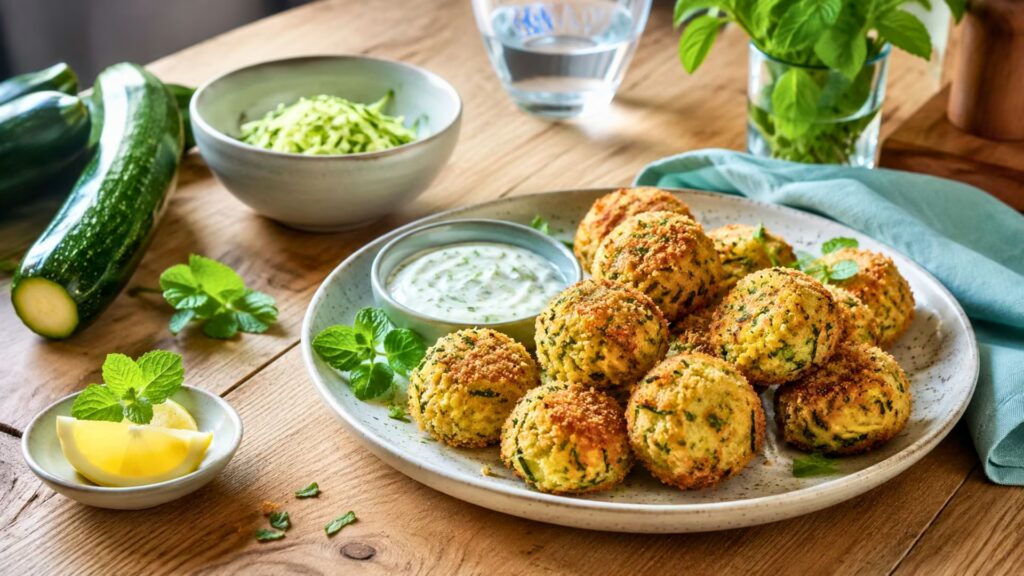 Croquettes de courgettes croustillantes à l’Airfryer servies avec une sauce au yaourt, du citron et des herbes fraîches.