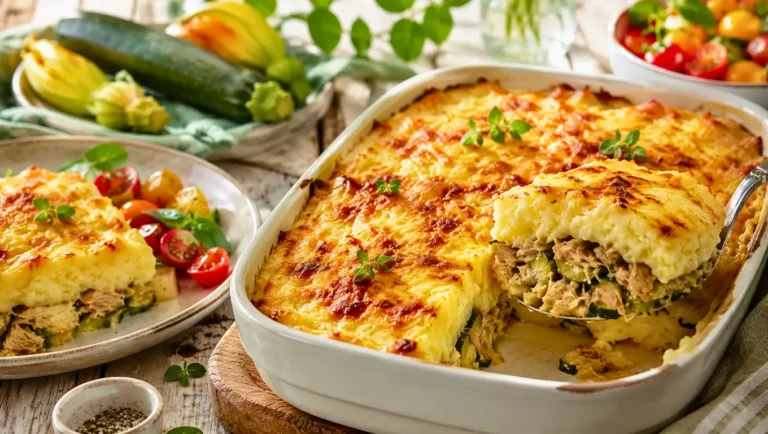 Parmentier d’été au thon et aux courgettes gratiné dans un plat, servi avec une salade verte