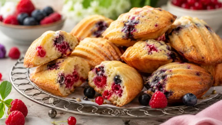 Madeleines au yaourt garnies de fruits rouges, moelleuses et dorées, présentées sur un plateau avec framboises et myrtilles.