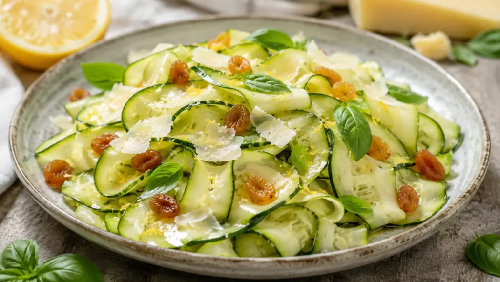 Salade de courgettes crues en rubans avec raisins secs, copeaux de parmesan, basilic et citron.