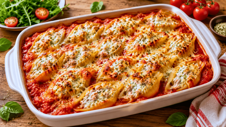 Conchiglioni farcis au thon et au chèvre frais gratinés dans une sauce tomate