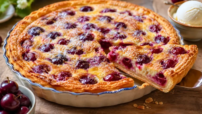 Mirliton normand aux cerises sur pâte feuilletée, servi dans un plat à tarte avec une part découpée et une boule de glace vanille.