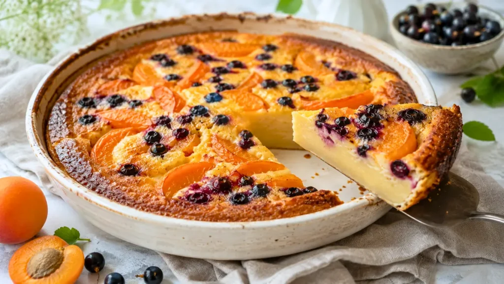 Far breton aux abricots et cassis, à la texture fondante, présenté dans un plat avec une part découpée.