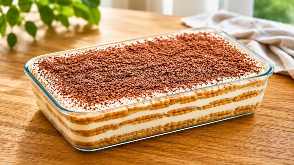 Gâteau frais aux petits-beurre sans cuisson dans un moule en verre, garni de crème et de copeaux de chocolat