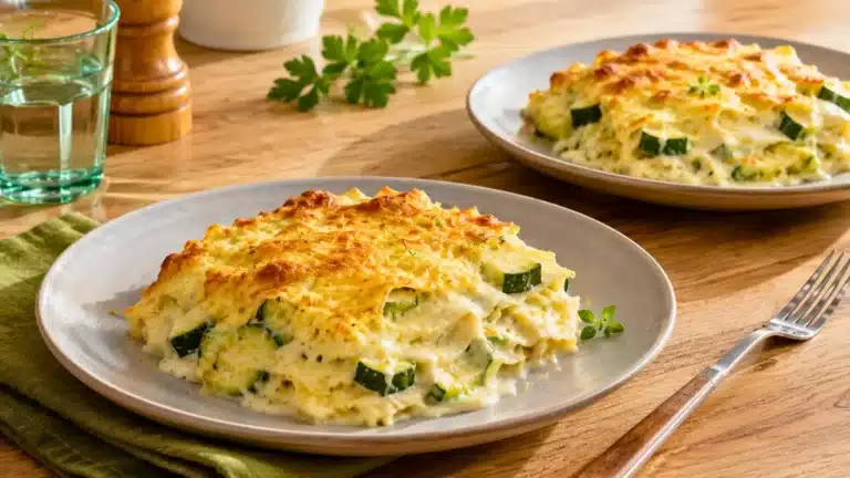Deux assiettes de gratin de ravioles aux courgettes, crémeux et doré, servies sur une table en bois.