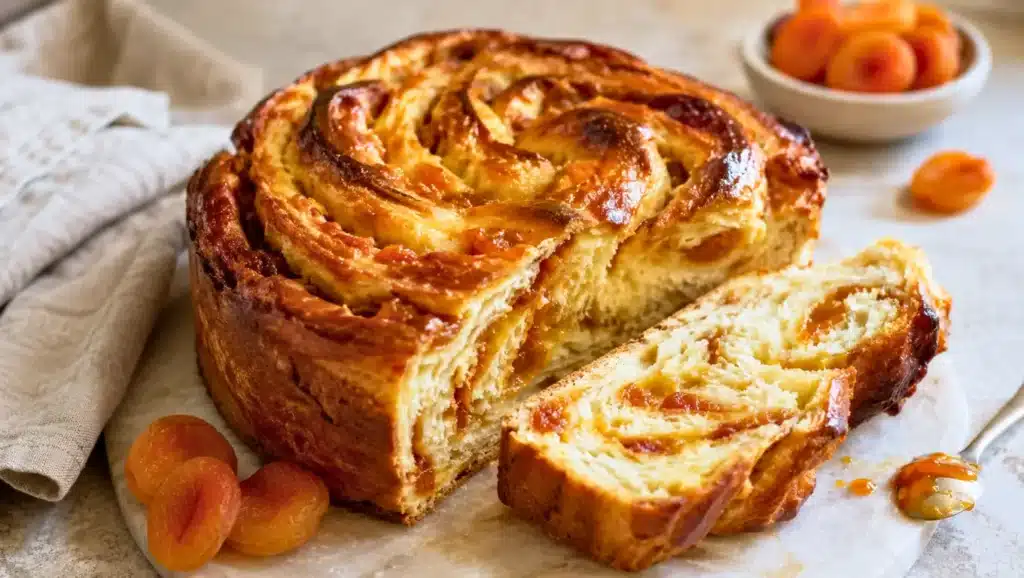 Babka roulée au caramel d’abricots, brioche tressée et dorée, avec une tranche découpée montrant ses spirales fruitées.