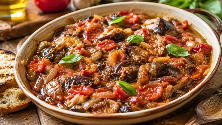 Bohémienne d’aubergine provençale, compotée fondante d’aubergines, tomates, oignons et basilic.