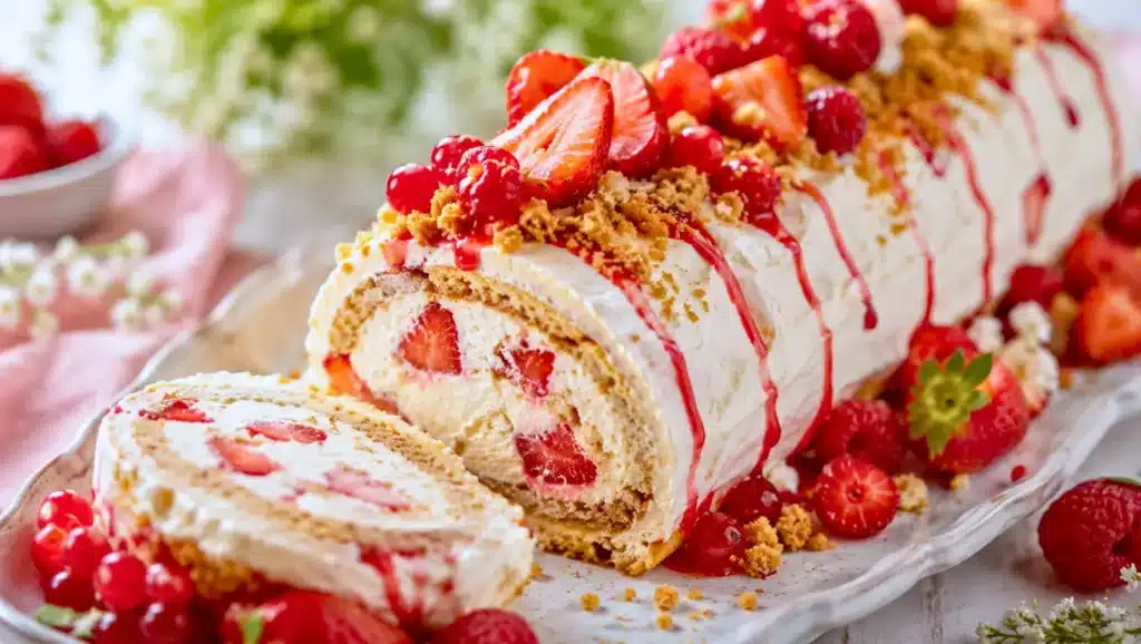 Bûche sans cuisson aux fruits rouges garnie de crème mascarpone et décorée de fraises fraîches