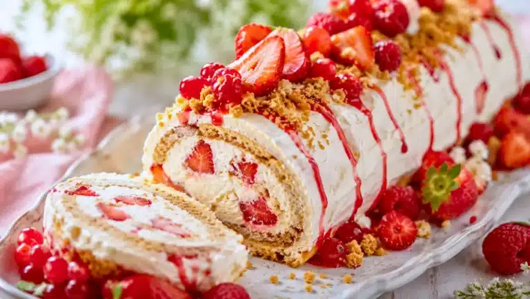 Bûche sans cuisson aux fruits rouges garnie de crème mascarpone et décorée de fraises fraîches