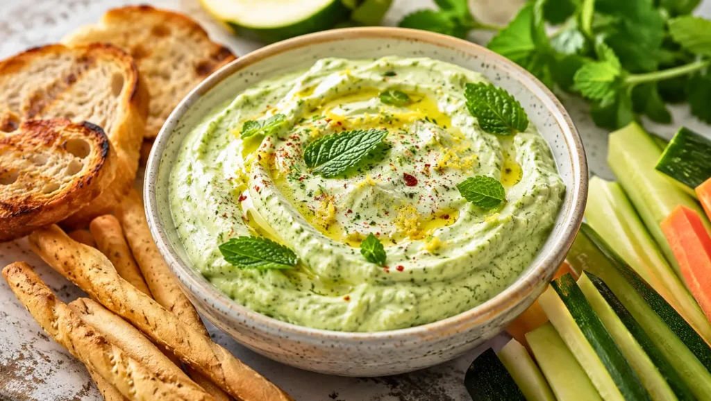Bol de crème de courgettes au fromage frais et à la menthe, servi bien frais avec pain grillé et crudités