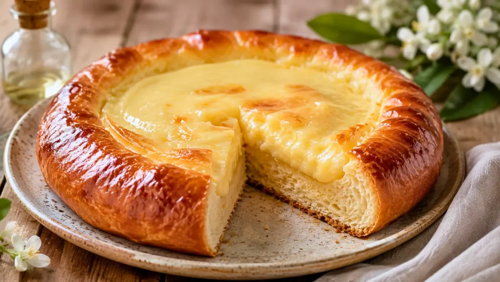 Galette briochée au goumeau et à la fleur d’oranger, dorée et fondante, posée sur une table rustique
