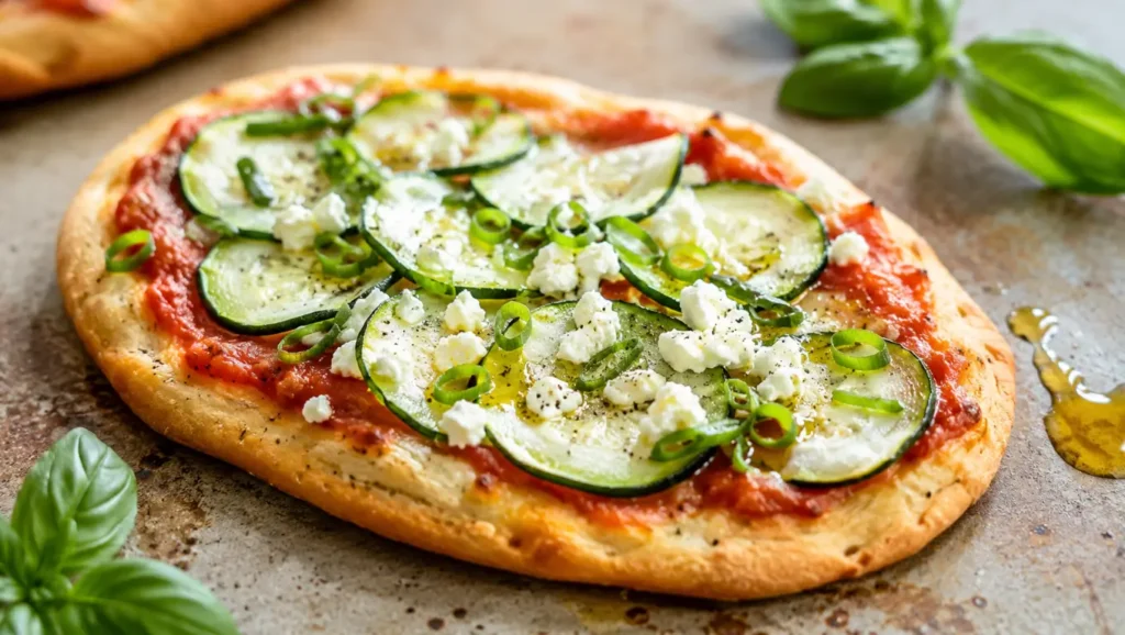 Pizzette aux courgettes sur pâte sans gluten, garnie de coulis de tomate, fromage frais et oignon vert.