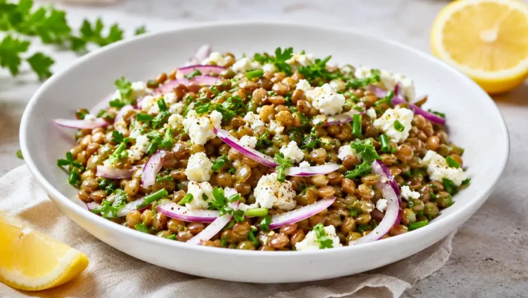 Salade de lentilles vertes au fromage frais, oignon rouge, persil, ciboulette et citron.