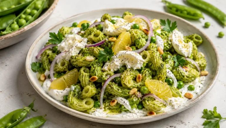 Salade de pâtes à la burrata avec pesto vert de cosses de petits pois, petits pois frais, oignon rouge, citron et pignons.