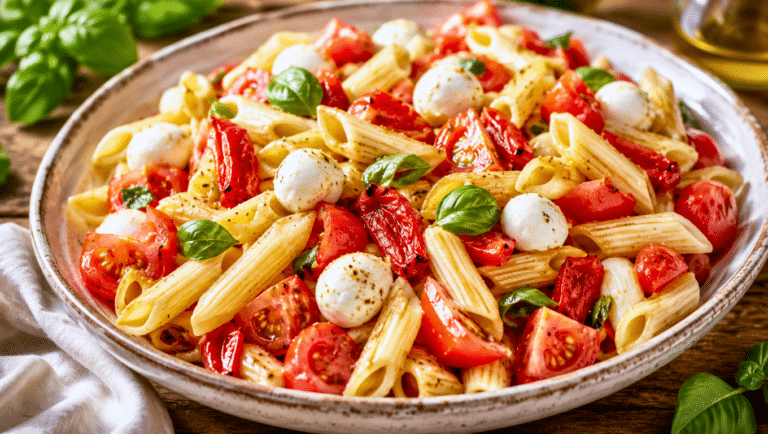 Salade de pâtes aux tomates, mozzarella et poivrons grillés, servie bien fraîche avec basilic et huile d’olive.
