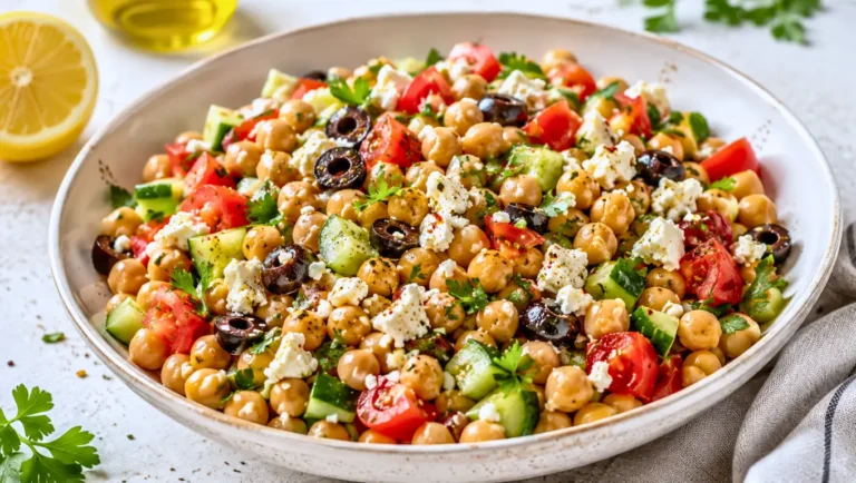 Salade méditerranéenne de pois chiches avec tomates, concombre, feta, olives noires et persil, assaisonnée au citron et à l’huile d’olive.