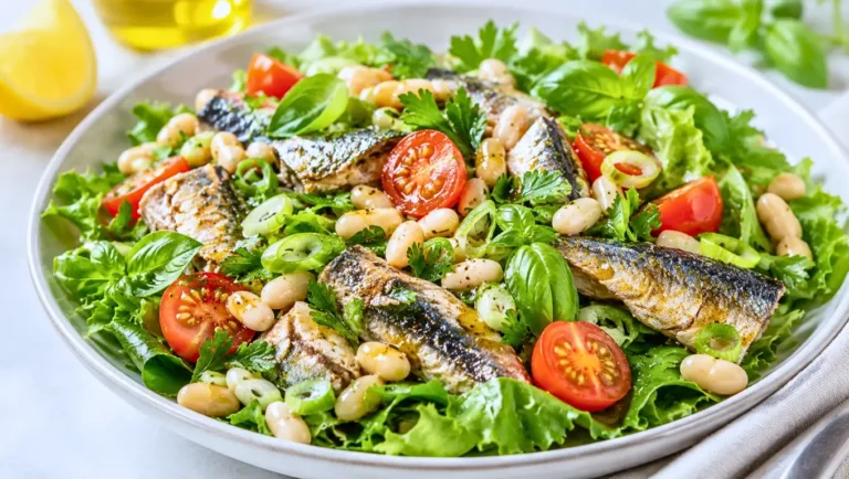 Salade de sardines aux haricots blancs, tomates cerises, salade verte, basilic et oignons verts, assaisonnée au citron.