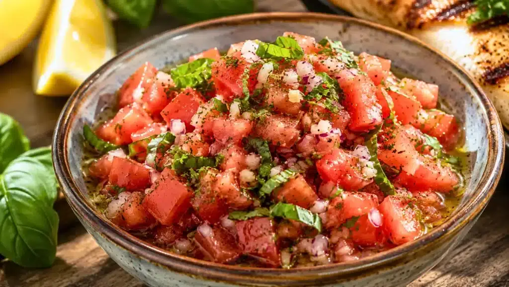 Sauce vierge à la tomate, oignon rouge, basilic, citron et huile d’olive, servie dans un bol avec des grillades en arrière-plan.