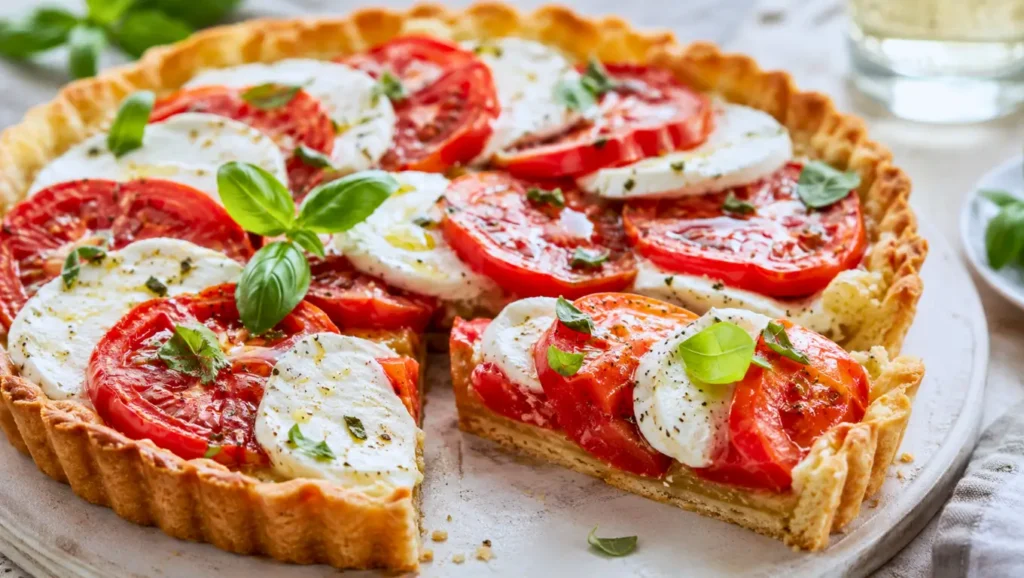 Tarte à la tomate et au chèvre sur pâte sablée, garnie de rondelles de tomates, fromage de chèvre et feuilles de basilic.