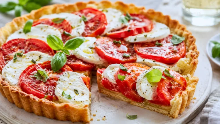 Tarte à la tomate et au chèvre sur pâte sablée, garnie de rondelles de tomates, fromage de chèvre et feuilles de basilic.