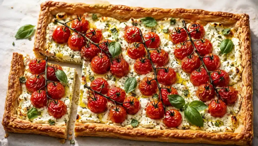 Tarte salée aux tomates cerises en grappe et feta, garnie de basilic frais sur une pâte dorée.