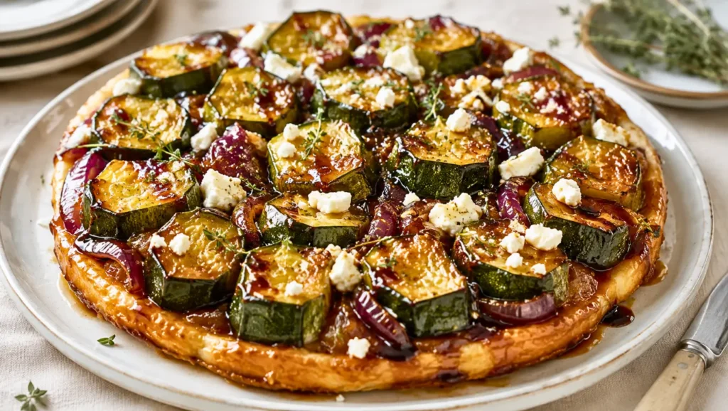 Tarte tatin salée aux courgettes caramélisées, oignon rouge et feta, nappée de miel et de vinaigre balsamique.