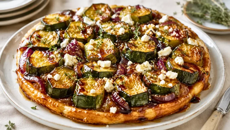 Tarte tatin salée aux courgettes caramélisées, oignon rouge et feta, nappée de miel et de vinaigre balsamique.