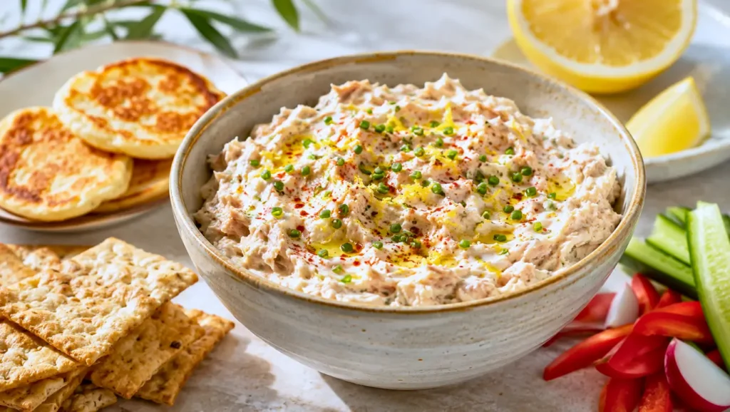 Tartinade de thon au fromage frais et citron, garnie de ciboulette, zeste de citron et huile d’olive, servie avec crackers, blinis et crudités.