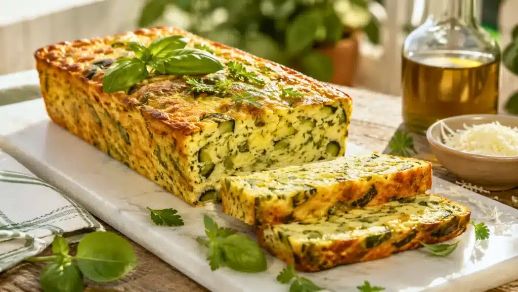 Terrine de courgettes méditerranéenne aux herbes, parmesan et basilic, servie en tranches sur une planche.