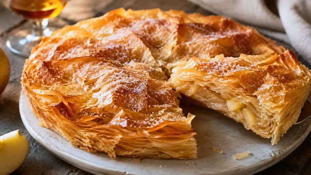 Tourtière gasconne aux pommes et à l’armagnac, à la pâte très fine et croustillante, présentée entière avec une part découpée.