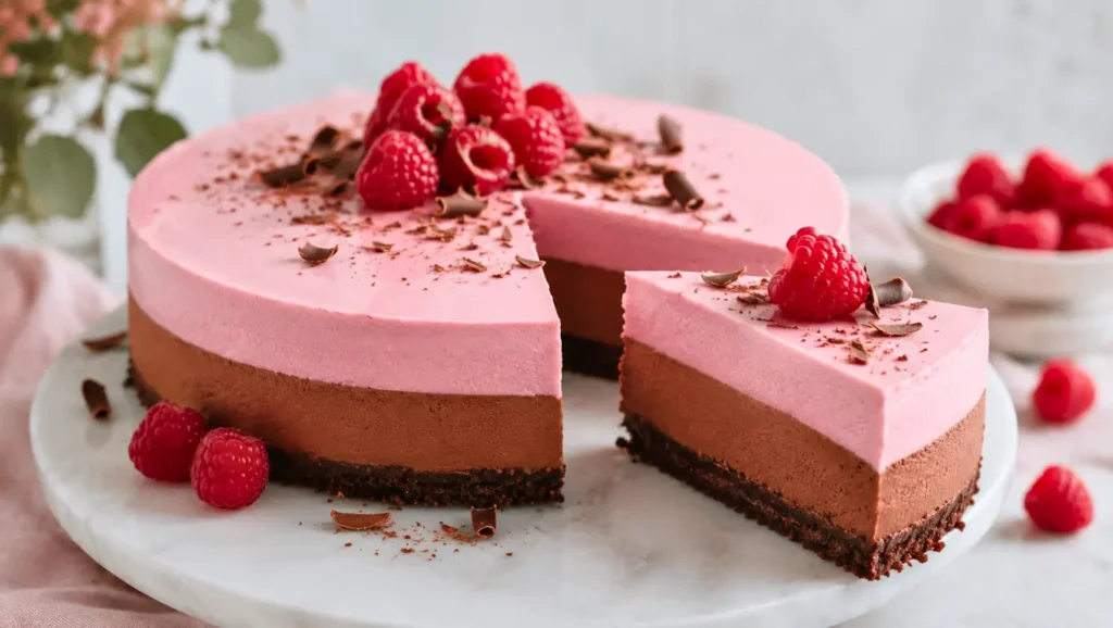 Bavarois en couches au chocolat et à la framboise, avec base biscuitée, mousse au chocolat, mousse framboise et parts découpées.