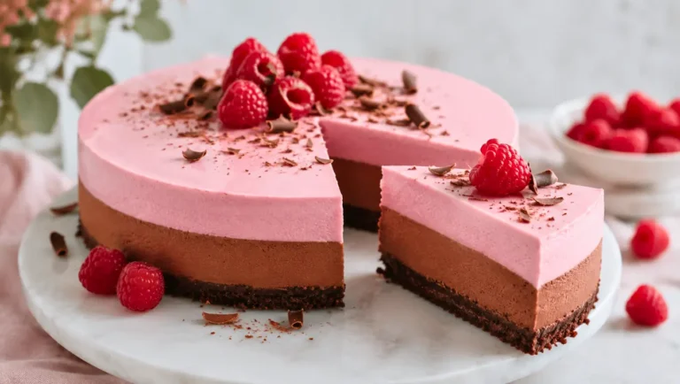 Bavarois en couches au chocolat et à la framboise, avec base biscuitée, mousse au chocolat, mousse framboise et parts découpées.