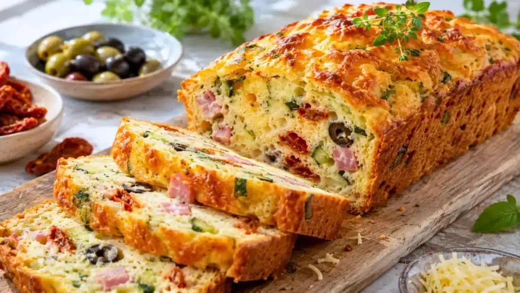 Cake salé au fromage râpé, jambon, olives, tomates séchées et courgettes, coupé en tranches sur une planche