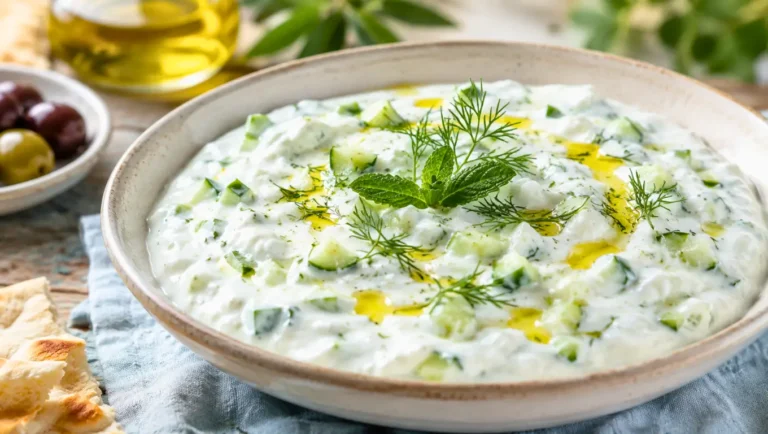 Bol de concombre au yaourt à la grecque, ail et herbes, servi bien frais