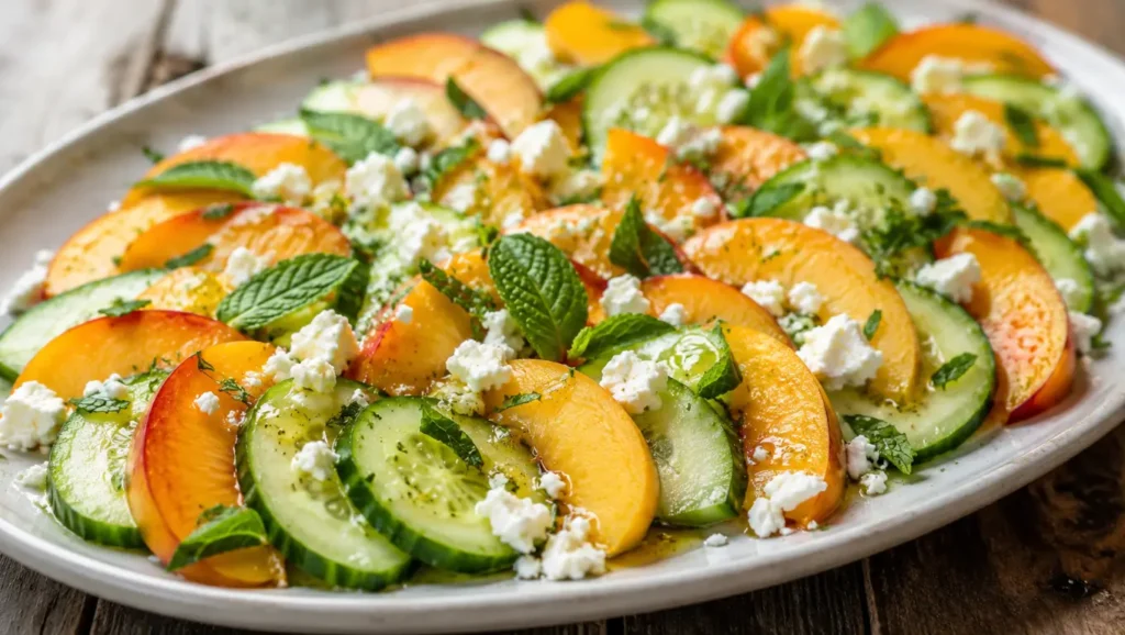 Salade de concombre, pêches jaunes et feta, garnie de menthe fraîche et assaisonnée d’une vinaigrette citronnée.