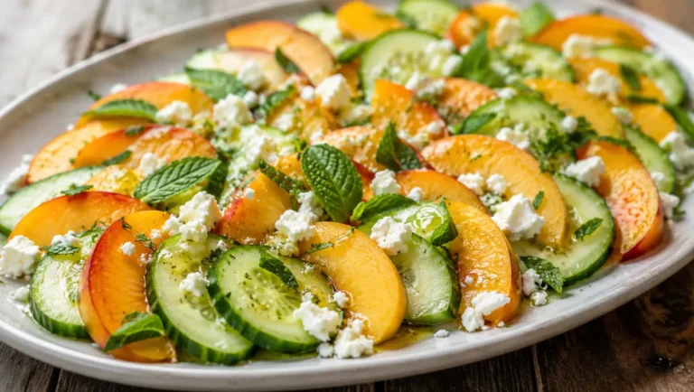 Salade de concombre, pêches jaunes et feta, garnie de menthe fraîche et assaisonnée d’une vinaigrette citronnée.