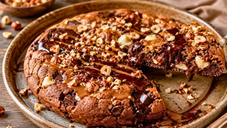 Cookie géant au chocolat, nappé de sauce chocolat et praliné noisette, avec noisettes concassées et cœur fondant.