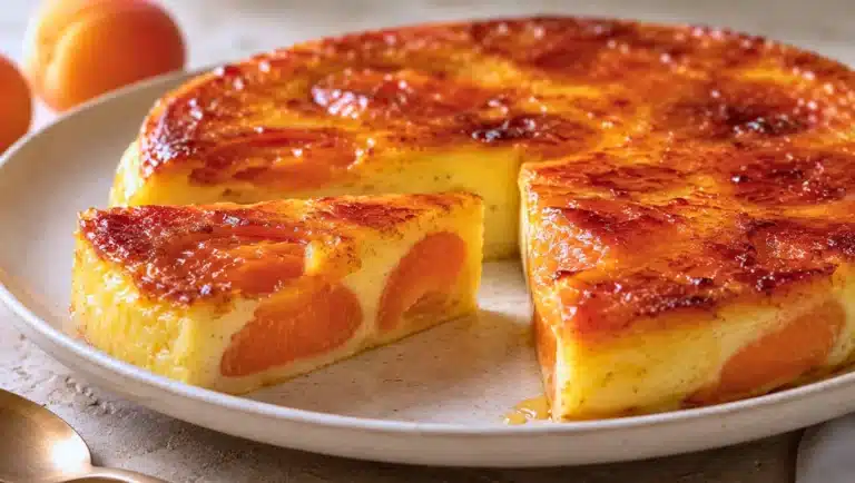 Flan aux abricots caramélisé, avec une part découpée, montrant une crème vanillée fondante et des abricots cuits.