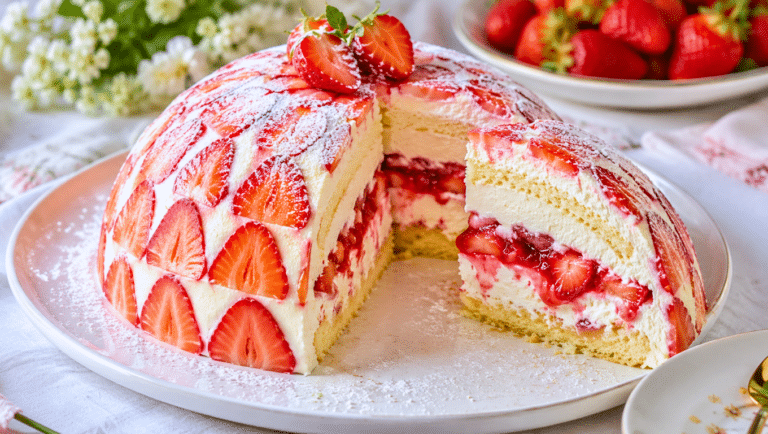 Fraisier bowl en dôme garni de fraises, chantilly mascarpone et génoise, avec une part découpée révélant les couches.