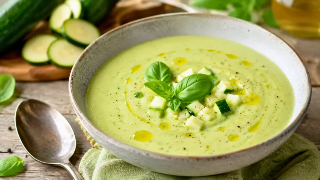 Gaspacho de courgettes crues au basilic servi bien frais, avec dés de courgette et filet d’huile d’olive.