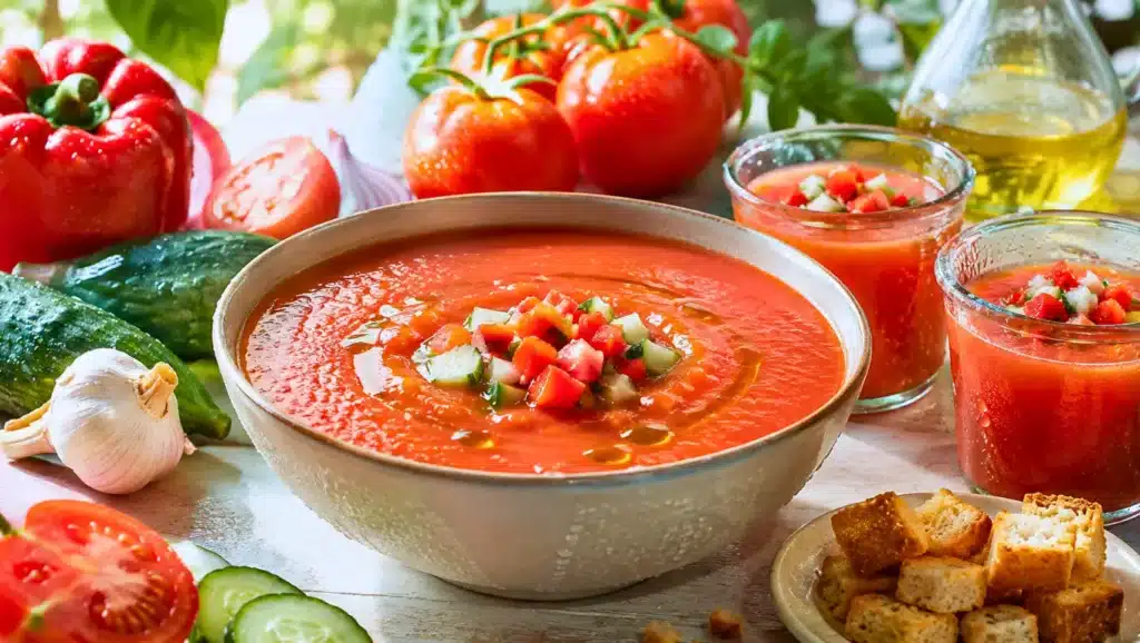 Bol de gaspacho de tomates bien frais avec concombre, poivron rouge et filet d’huile d’olive