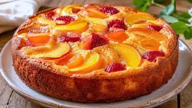 Gâteau au yaourt moelleux garni de pêches, abricots et fraises, servi sur une assiette en céramique