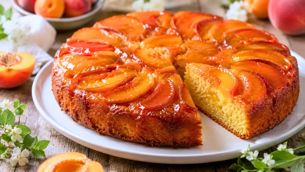 Gâteau renversé aux pêches et abricots caramélisés, moelleux et doré, servi sur un plat