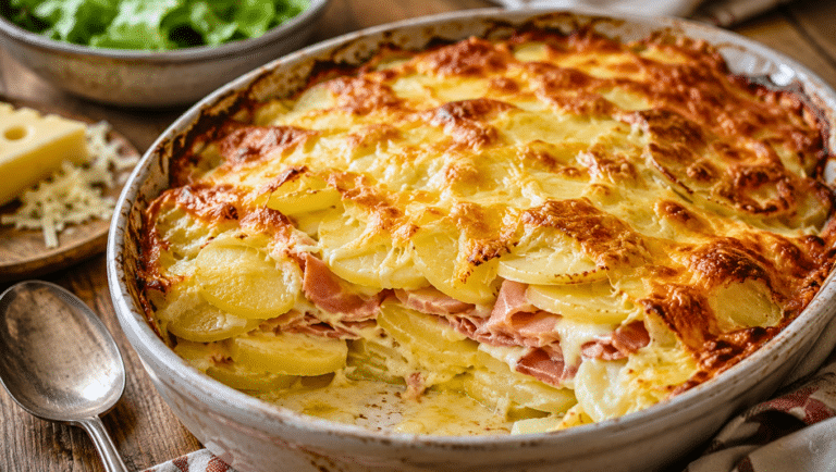 Gratin de pommes de terre au jambon fumé et à l’emmental, doré au four avec un cœur fondant et crémeux.