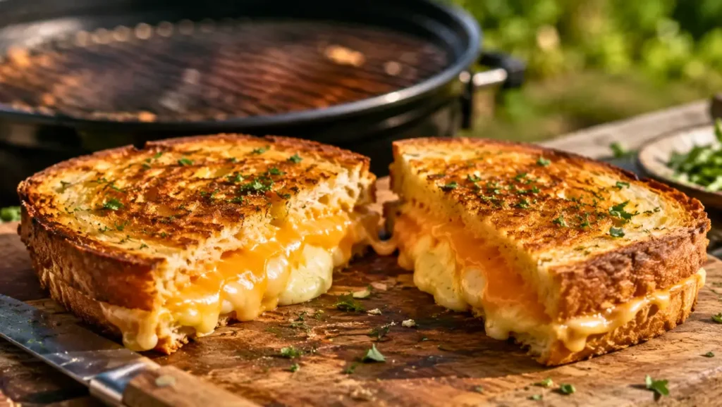 Grilled cheese au barbecue coupé en deux, garni de mimolette et de saint-nectaire fondus dans un pain doré aux herbes