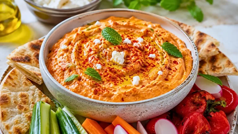 Ktipiti grec servi dans un bol, crème de poivrons rôtis et feta garnie d’huile d’olive, paprika et menthe, accompagnée de pain pita et de crudités.