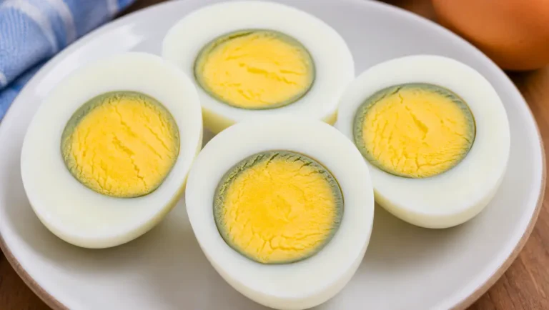 Œufs durs coupés en deux avec un liseré vert autour du jaune, signe d’une cuisson trop longue.